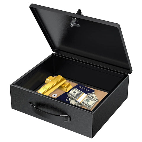 Open Heavy Duty Fireproof Document Box With Lock And Handle Large Portable Metal Safe For A4 Papers Water Resistant Vault showing valuables.