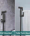 Wall and toilet tank mounted brass handheld bidet sprayer for toilet with premium stainless steel build and 2 water settings.