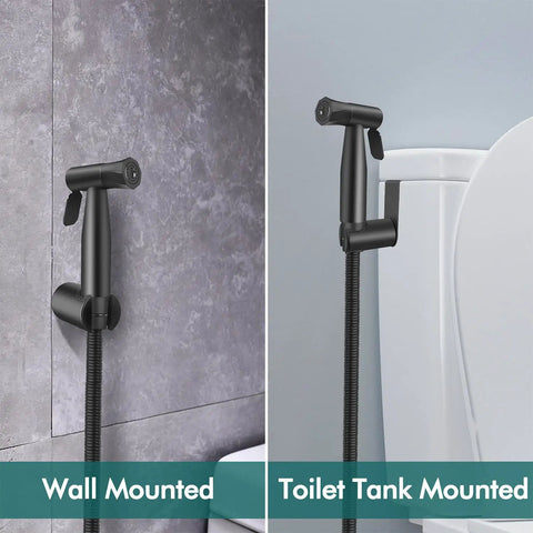 Wall and toilet tank mounted brass handheld bidet sprayer for toilet with premium stainless steel build and 2 water settings.