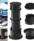 Umbrella Stand With Sleeve, Center Cap, And Stabilizer Adapter, Fits 1.5 To 1.75 Inch Poles, shown with components and in use.
