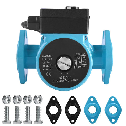 115V Hot Water Recirculating Pump 168W with 3Speed Settings and NPT 1 Inch Connections for Tank Heaters shown from the front with fittings.