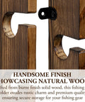 Deluxe Rustic Burnt Solid Wood Fishing Rod Holder with natural wood finish, showing wall mount rack components up close.