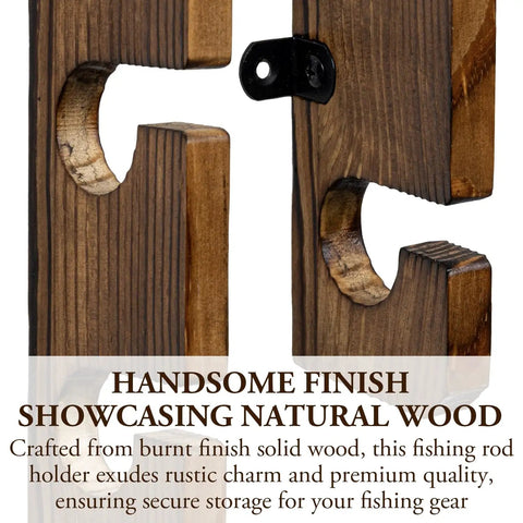 Deluxe Rustic Burnt Solid Wood Fishing Rod Holder with natural wood finish, showing wall mount rack components up close.