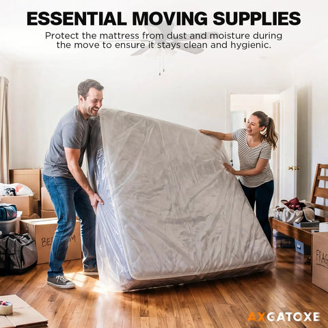 Couple moving a bed using a Waterproof Queen Size Mattress Bag for Moving and Storage, 1.5 Mil Tear-Resistant Mattress Protector.