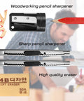 10 Piece Carpenter Pencil Set With 7 Inch Flat Octagonal Black Pencils Heavy Duty Woodworking Tools Includes Sharpener Eraser And Utility Knife Pro Grade Marking Kit For Contractors Carpenters And DIY Projects showing pencil sharpener and eraser