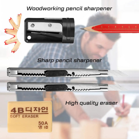 10 Piece Carpenter Pencil Set With 7 Inch Flat Octagonal Black Pencils Heavy Duty Woodworking Tools Includes Sharpener Eraser And Utility Knife Pro Grade Marking Kit For Contractors Carpenters And DIY Projects showing pencil sharpener and eraser