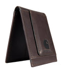 Premium Full Grain Leather Slim Bifold Wallet For Men In Rich Oil Tan Brown side view showing card slot and sturdy design.