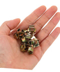 Premium Gold U Shaped Automotive Fasteners 50 Piece Set Replacement Panel Mounting Clips for Cars and Trucks, hand holding clips.