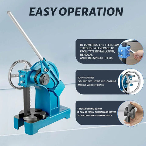 Heavy Duty Two Ton Industrial Arbor Press Ratchet Lever Mandrel Machine With Handwheel Removable Anvil Plate showing easy operation features and round ratchet.