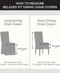 Image showing how to measure relaxed fit dining chair covers for long and short styles with skirt height and seat width dimensions.