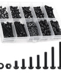 M3 Black Nylon Screw And Bolt Assortment Featuring Pan And Round Heads Heavy Duty Plastic Fasteners in labeled storage tray