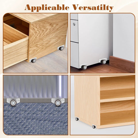 4 Piece Mini Side Mount Caster Wheels Set For Furniture And DIY Projects installed on furniture and cabinets, showcasing versatility.