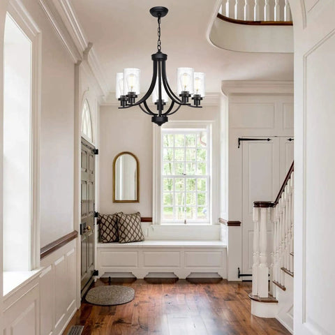 5 Lights Traditional Chandelier Black Farmhouse Pendant Ceiling Light Fixture With Seeded Glass Shades in white foyer