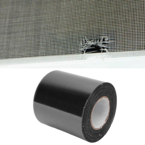 No Fuss Easy Quick Fix Self Adhesive Window Screen Repair Tape Patch For Mesh Doors Tents Pool Nets Cars Camping Tarps Yard Gates 80mm By 9.15m Black Fiberglass Mesh Repair Tape, showing roll and damaged screen