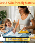 Woman using Nonstick Pro Grade Heat Press Paper Set for sublimation crafts with child, safe and skin-friendly material message displayed.