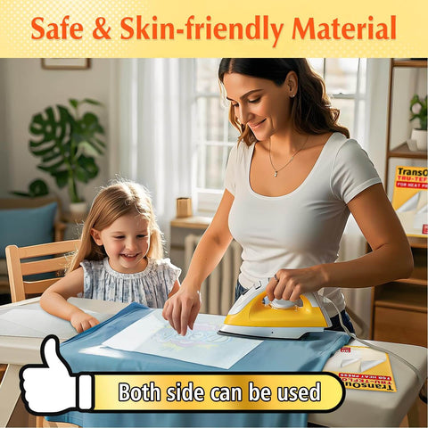 Woman using Nonstick Pro Grade Heat Press Paper Set for sublimation crafts with child, safe and skin-friendly material message displayed.