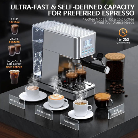 Level Up Your Home Barista Game With This Compact Stainless Steel Espresso Machine Packing A Mighty 20 Bar Pump And Smart Steam Frother For Silky Lattes And Smooth Daily Sips Anytime, showcasing espresso cups and machine features.