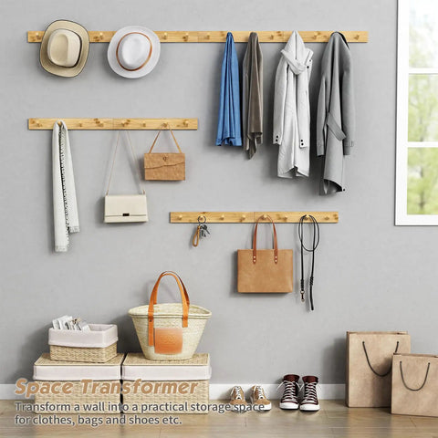 Natural Wood Wall Coat Rack Set Of 4 Wall Mount Hooks For Towels Hats Keys And Shoes And Vertical Coat Hanger displayed in living room