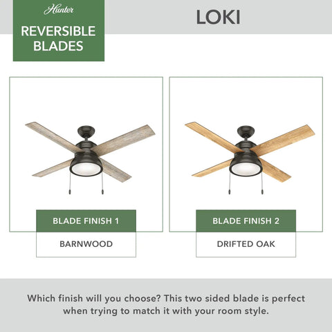 52 Inch Indoor Ceiling Fan With Energy Efficient LED Light And Pull Chain Standard Mount Four Blades Quiet Operation For Bedroom Living Room Or Kitchen Noble Bronze Finish Loki 54152 featuring reversible blades in barnwood and drifted oak.