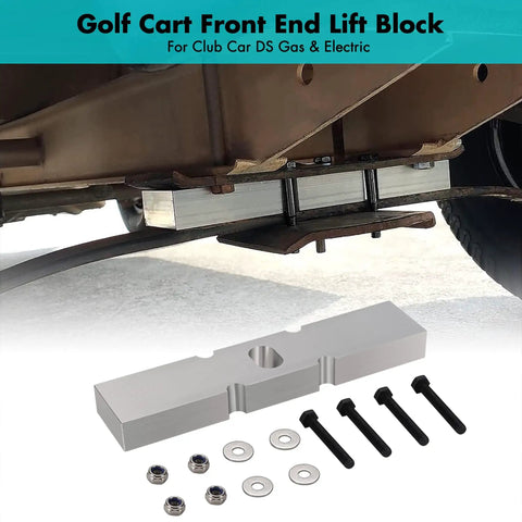 Crush Every Bump And Clean Up Your Cart Setup With This Heavy Duty One Inch Front End Lift Block built for Club Car DS Gas and Electric models, showing aluminum construction and hardware.