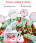 Three In One Button Maker Kit With 86 Sets Of Parts shown with kids using it during a holiday party, highlighting heart and big size badge pins