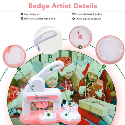 Three In One Button Maker Kit With 86 Sets Of Parts shown with kids using it during a holiday party, highlighting heart and big size badge pins