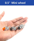 Hassle Free Mount Heavy Duty Brown Mini Caster Wheels With M4X15 Screws Dead Silent TPR Swivel Feet Roll Sweet On Concrete Fast 360 Spin For Shop Gear And Desks Pack Of 4 shown in hand with orange and brown colors.