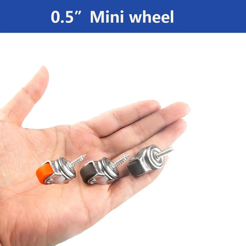 Hassle Free Mount Heavy Duty Brown Mini Caster Wheels With M4X15 Screws Dead Silent TPR Swivel Feet Roll Sweet On Concrete Fast 360 Spin For Shop Gear And Desks Pack Of 4 shown in hand with orange and brown colors.
