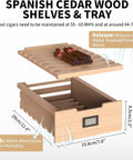 Spanish cedar wood shelves and tray with cigars showing airflow and hygrometer dimensions for 16 Liter Cigar Humidor With Heating And Cooling Control.