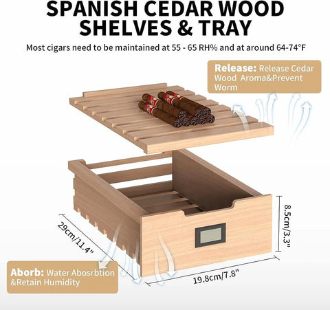 Spanish cedar wood shelves and tray with cigars showing airflow and hygrometer dimensions for 16 Liter Cigar Humidor With Heating And Cooling Control.