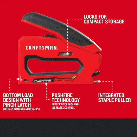 Heavy Duty Reverse Squeeze Stapler With Pushfire Leverage, Bottom Load Design, and Pinch Latch Reload in red composite material.