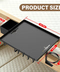 Built Different Solid Carbon Steel Bedside Shelf Clip On Floating Organizer dimensions showing cup holder and hooks.