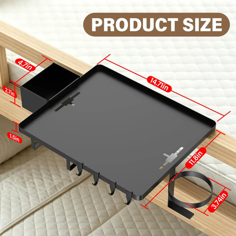 Built Different Solid Carbon Steel Bedside Shelf Clip On Floating Organizer dimensions showing cup holder and hooks.