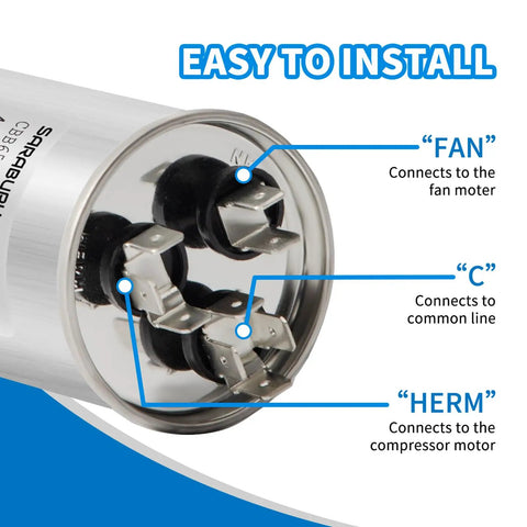 Connections on dual run round CBB65 capacitor 30 plus 5 MFD five percent tolerance 370 to 440 volt for AC motors HVAC.