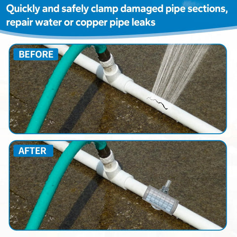 After view: 1x3 inch stainless steel pipe repair clamp with bolt installed on white pipe to seal leaks.