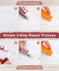 100 PCS Wood Filler Sticks Wax Crayons For Furniture Fix Ups And Scratch Coverage No Muss No Fuss Wood Knot Repair For DIY Home Restoration Projects Creating Invisible Fixes showing three-step repair process for small scratches.