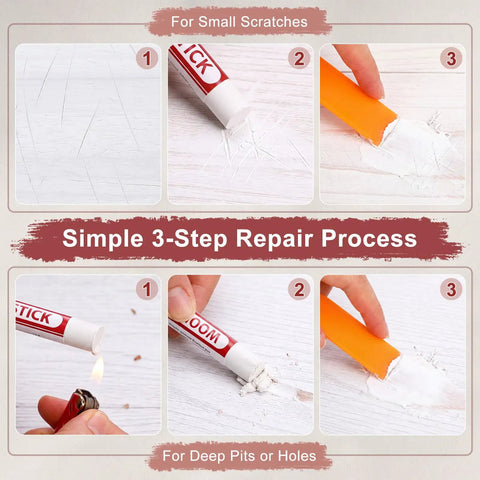 100 PCS Wood Filler Sticks Wax Crayons For Furniture Fix Ups And Scratch Coverage No Muss No Fuss Wood Knot Repair For DIY Home Restoration Projects Creating Invisible Fixes showing three-step repair process for small scratches.