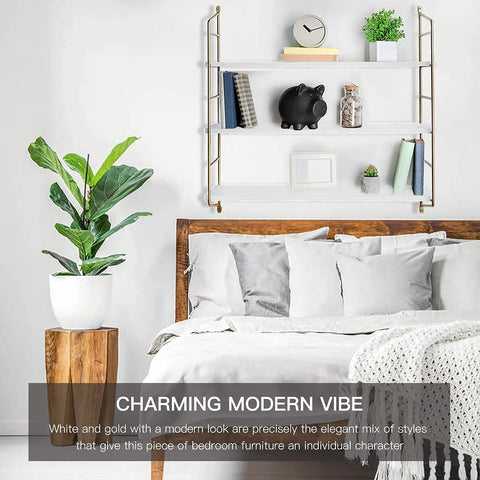 Gold Wall Shelf For Bathroom And Kitchen, Dope Floating Shelves For Living Room And Bedroom above bed with decor items.