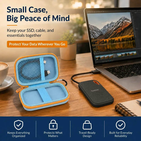 Ultimate Bash Resistant Hard Case Hella Secure Fit For SanDisk Extreme Portable Solid State Drive 500GB To 8TB Models on a desk