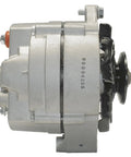 Side view of remanufactured automotive alternator with high-quality bearings, double-lip seals, high-temp lubricant, and tested rotors and stators.