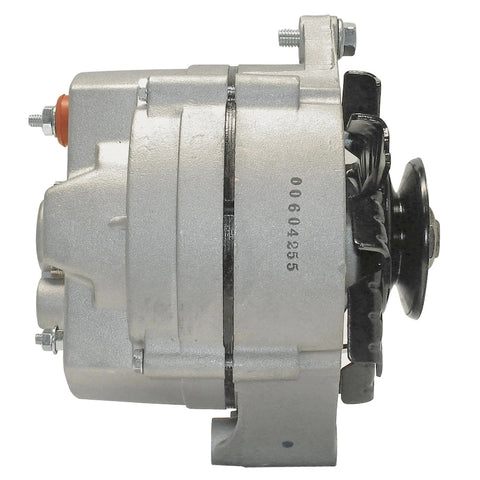 Side view of remanufactured automotive alternator with high-quality bearings, double-lip seals, high-temp lubricant, and tested rotors and stators.