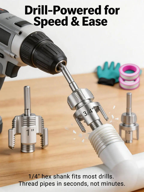 All In One Pipe Threader And Tapping Kit For Half Inch, Three Quarter Inch, And One Inch Dies Works With Electric Drills Internal And External NPT Threads Pro Grade Heavy Duty Carbon Steel For Plumbers And Home DIY