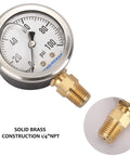 Front view of MEASUREMAN 2-inch glycerin-filled pressure gauge, 0-100 psi, black steel case with 1/4 in NPT lower mount