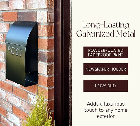 Outdoor Wall Mounted Mailbox With Newspaper Holder Black Weatherproof Steel For Front Door Or Porch Decor installed on brick wall