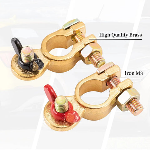Beefed Up Brass Marine Grade Battery Terminal Kit with adjustable clamps and anti corrosion pad, top post compatible view