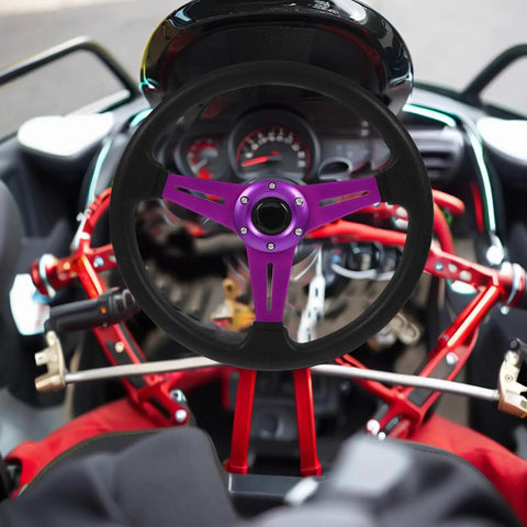 Detachable Racing Steering Wheel For Golf Cart ATV Kart Beach Buggy Purple Aluminum Alloy Quick DIY Install Multivehicle Compatibility Sports Steering Wheel For Vehicle Simulation And Outdoor Fun installed in a kart.