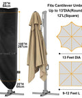 Heavy Duty Patio Umbrella Cover For 9 To 13 Ft Cantilever Umbrellas With Zipper And Support Pole, displayed with dimensions and diagrams.