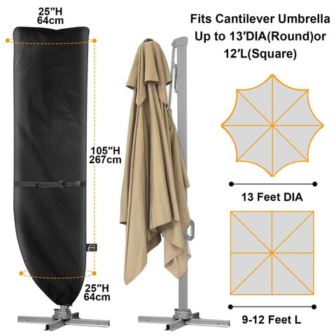 Heavy Duty Patio Umbrella Cover For 9 To 13 Ft Cantilever Umbrellas With Zipper And Support Pole, displayed with dimensions and diagrams.