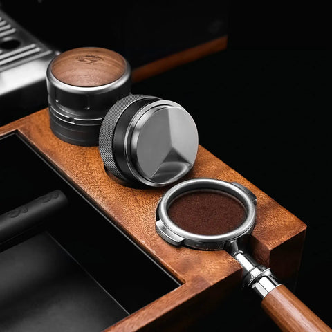 58mm Espresso Distributor With Adjustable Depth For All 58mm Portafilters Stainless Steel And Walnut Build on table