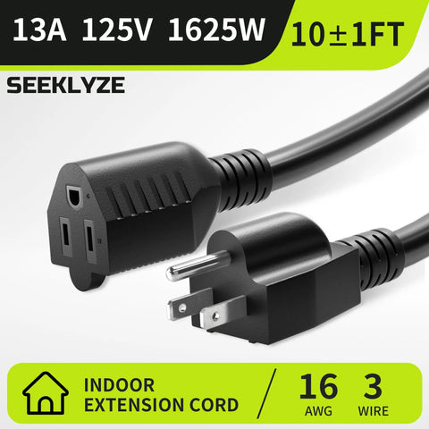 Powerful 10 Foot Indoor Extension Cord 2 Pack 13A 125V 1625W 16 Gauge 3 Conductor Black NEMA 5 15P To 5 15R ETL Listed